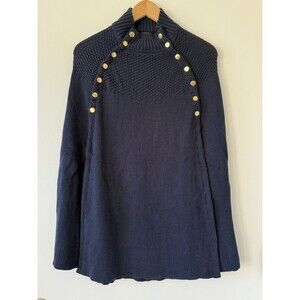 GILI Women's S/M Navy Ribbed Sweater Cape Poncho Snap Quiet Luxury